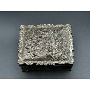 Vintage Japanese Pewter Trinket Box Repousse Elephant Village Scene Footed 4"